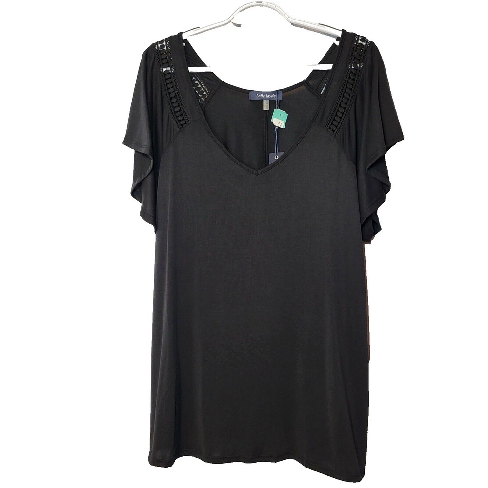 NWT Laila Jayde Black Open Lace Shoulder V Neck Flutter Sleeve Modal Top USA 1X